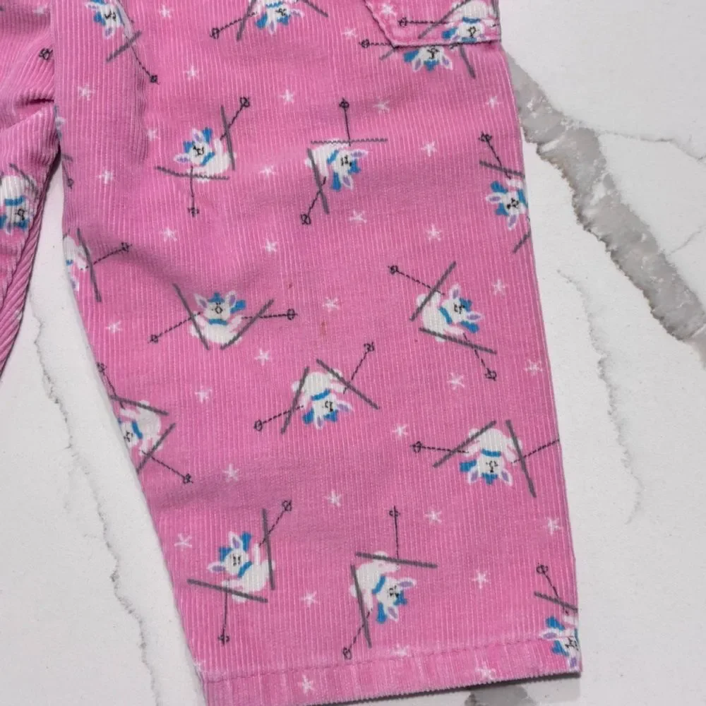 Vintage 1980s Union USA OshKosh Girl's Pink Corduroy Skiing Bunnies Size 18 Mos
